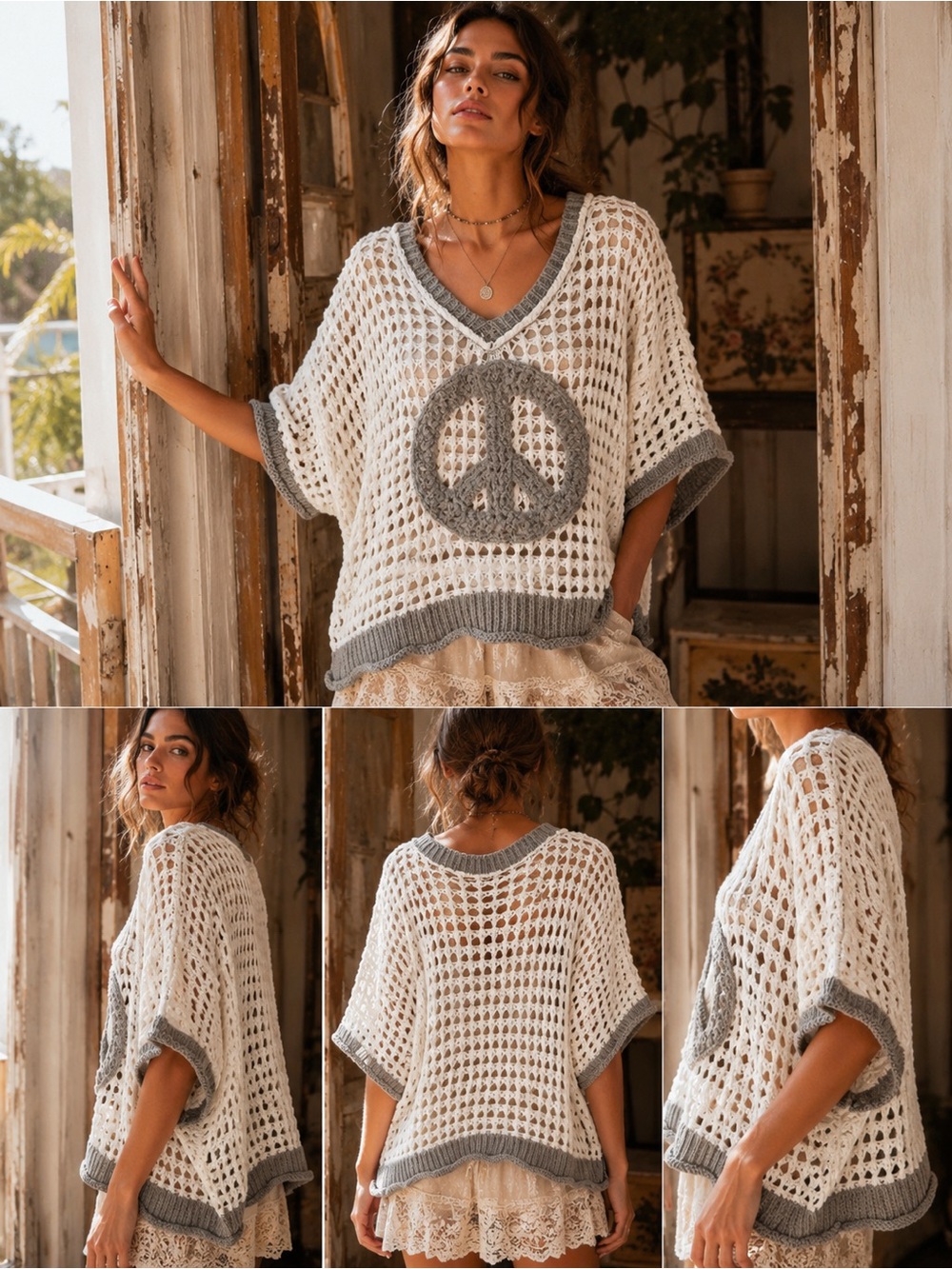 POL White Gray Crochet Peace Sign Open Knit Boho Sweater Top S